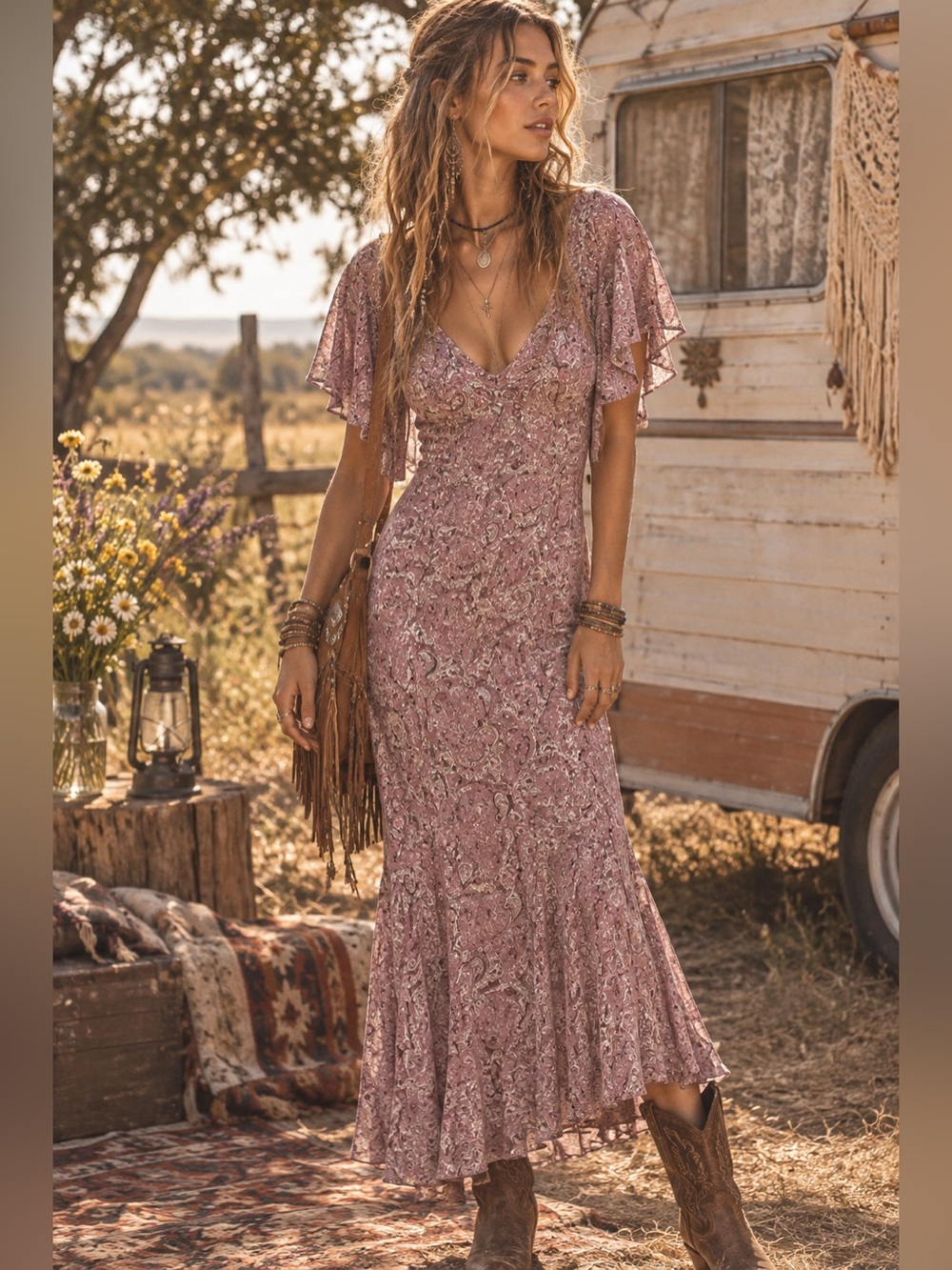 Temptations Y2K Dusty Rose Paisley V-Neck Maxi Dress